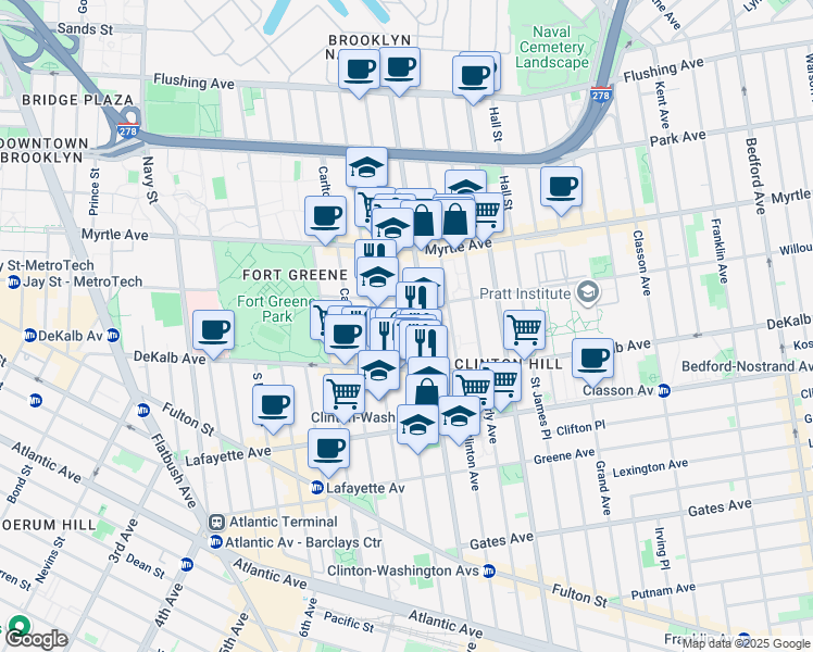 map of restaurants, bars, coffee shops, grocery stores, and more near 225 Clermont Avenue in Brooklyn