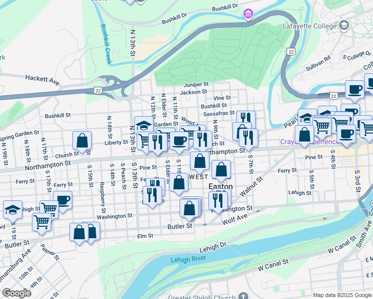 map of restaurants, bars, coffee shops, grocery stores, and more near 1027 Northampton Street in Easton