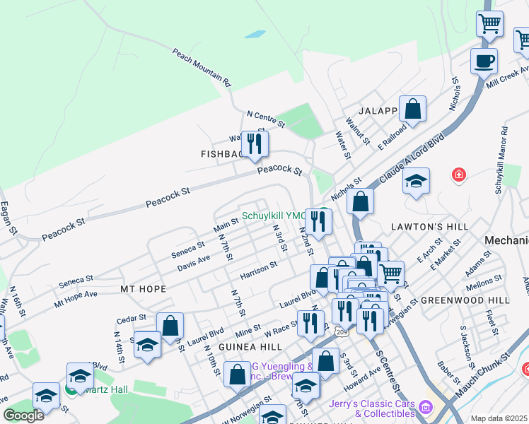 map of restaurants, bars, coffee shops, grocery stores, and more near 813 North 3rd Street in Pottsville