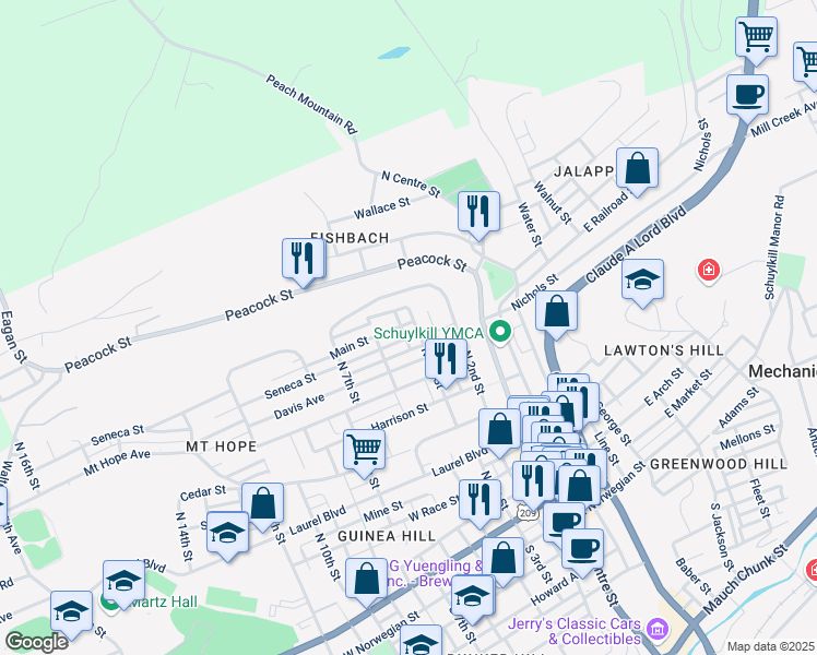 map of restaurants, bars, coffee shops, grocery stores, and more near 813 North 3rd Street in Pottsville