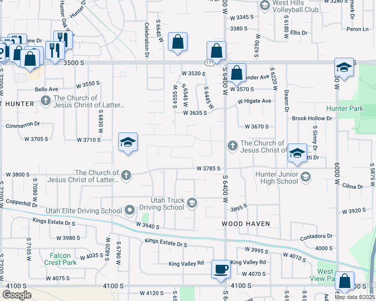 map of restaurants, bars, coffee shops, grocery stores, and more near 6533 Elena Street in West Valley City