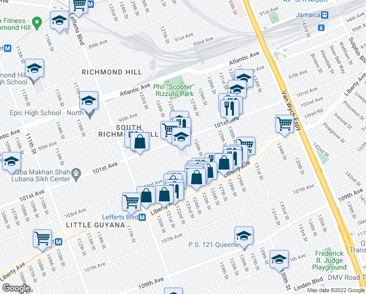 map of restaurants, bars, coffee shops, grocery stores, and more near 101-16 125th Street in Queens