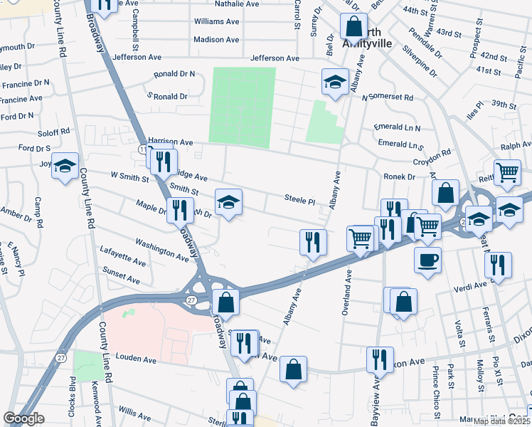 map of restaurants, bars, coffee shops, grocery stores, and more near 93 Smith Street in Amityville