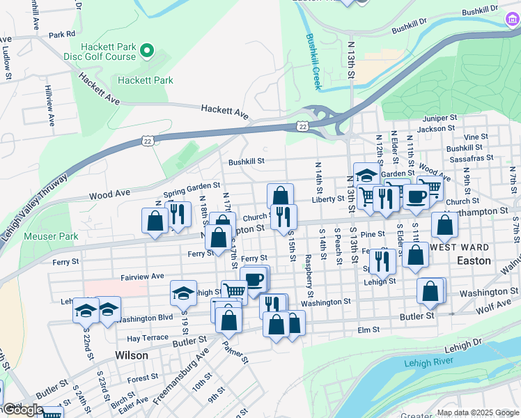 map of restaurants, bars, coffee shops, grocery stores, and more near 15 North 16th Street in Easton