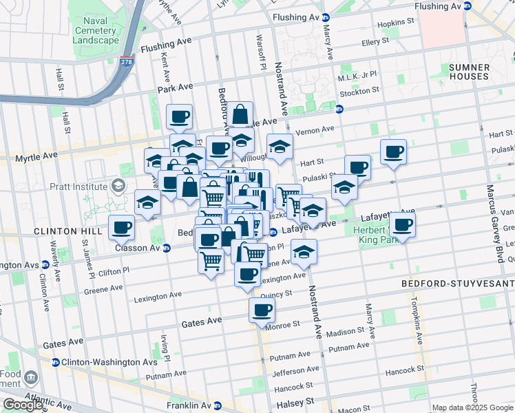 map of restaurants, bars, coffee shops, grocery stores, and more near 1 Spencer Court in Brooklyn