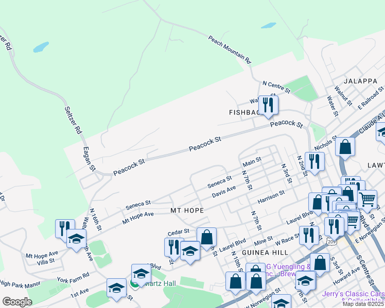 map of restaurants, bars, coffee shops, grocery stores, and more near 427 Peacock Street in Pottsville