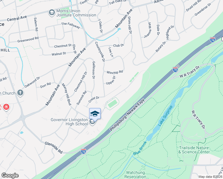 map of restaurants, bars, coffee shops, grocery stores, and more near 92 Crest Drive in Summit
