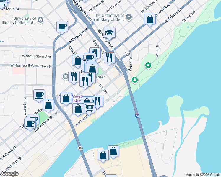 map of restaurants, bars, coffee shops, grocery stores, and more near 100 East Washington Street in East Peoria