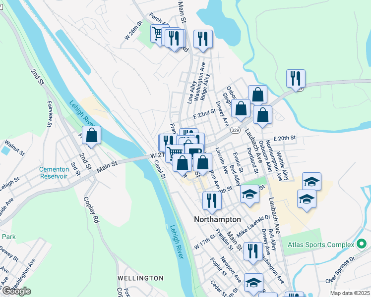 map of restaurants, bars, coffee shops, grocery stores, and more near 2050 Main Street in Northampton