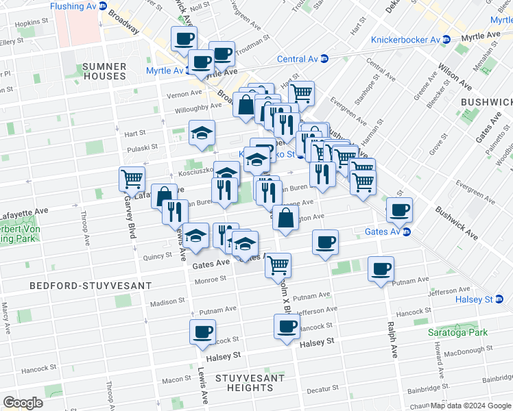 map of restaurants, bars, coffee shops, grocery stores, and more near 901 Greene Avenue in Brooklyn