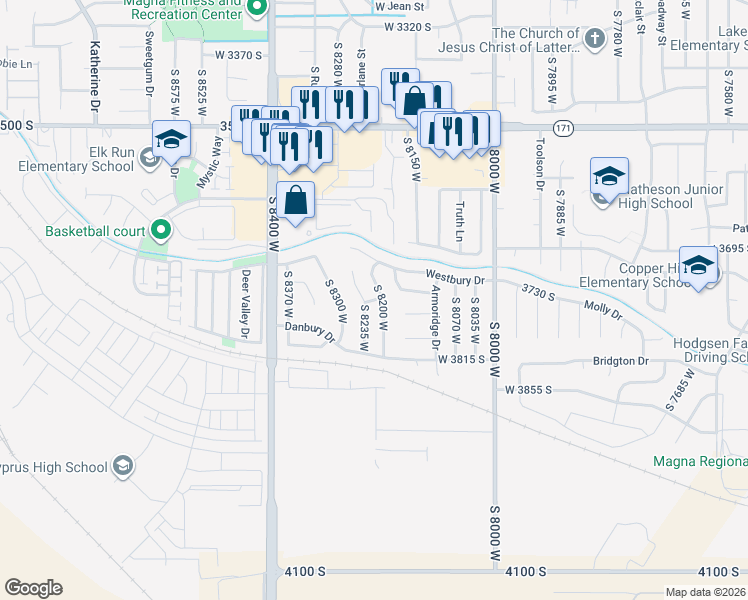 map of restaurants, bars, coffee shops, grocery stores, and more near 3755 South 8235 West in Magna