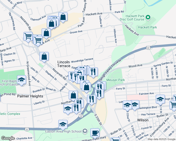 map of restaurants, bars, coffee shops, grocery stores, and more near 2349 Lawnherst Avenue in Easton