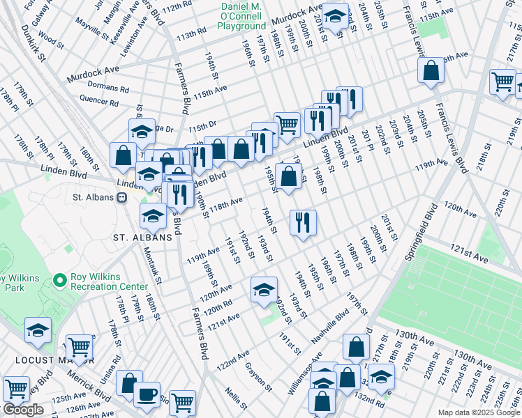 map of restaurants, bars, coffee shops, grocery stores, and more near 118-39 194th Street in Queens