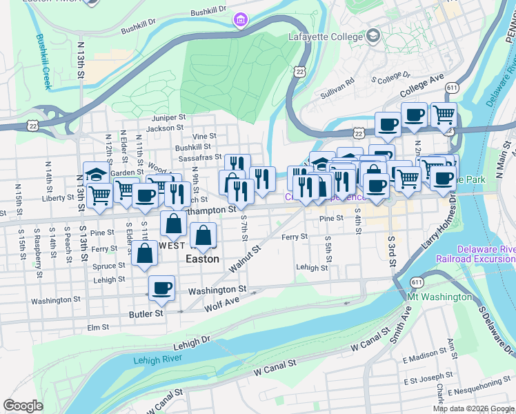 map of restaurants, bars, coffee shops, grocery stores, and more near 682 Northampton Street in Easton