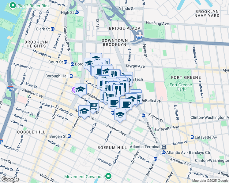 map of restaurants, bars, coffee shops, grocery stores, and more near 519 Fulton Street in Brooklyn