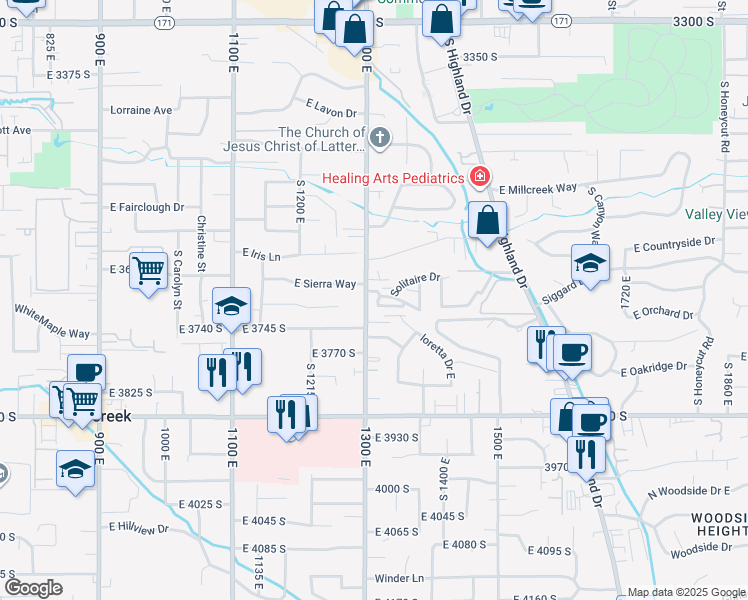 map of restaurants, bars, coffee shops, grocery stores, and more near 3706 Pantera Lane in Millcreek