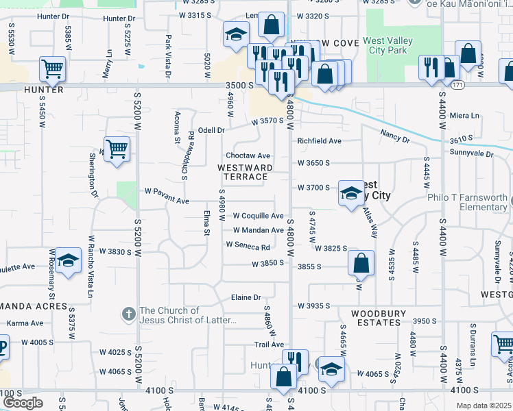 map of restaurants, bars, coffee shops, grocery stores, and more near 4895 West Pavant Avenue in West Valley City