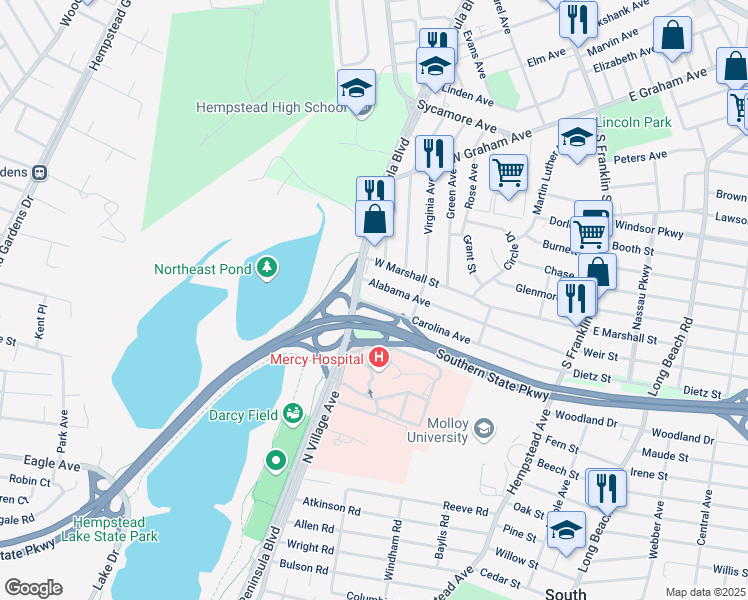 map of restaurants, bars, coffee shops, grocery stores, and more near 237 Carolina Avenue in Hempstead
