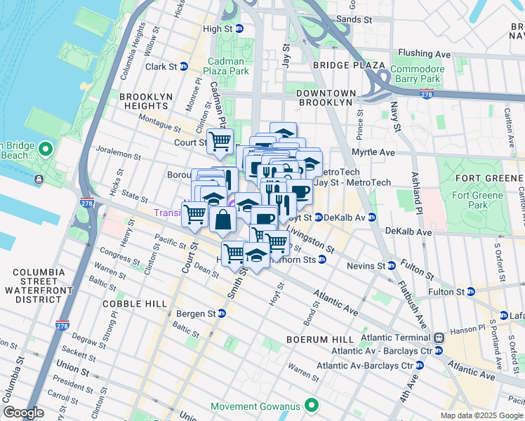 map of restaurants, bars, coffee shops, grocery stores, and more near 131 Livingston Street in Brooklyn