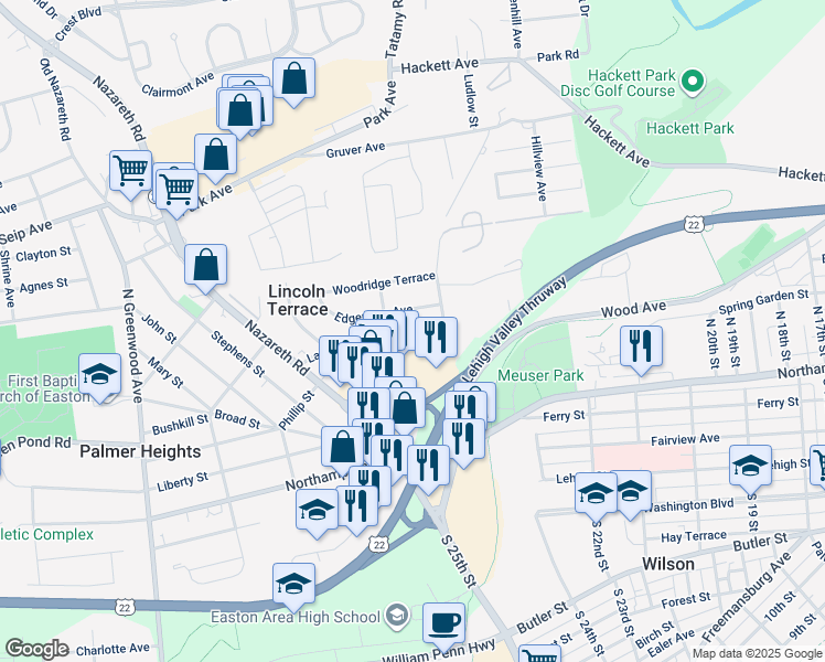 map of restaurants, bars, coffee shops, grocery stores, and more near 2349 Lawnherst Avenue in Easton