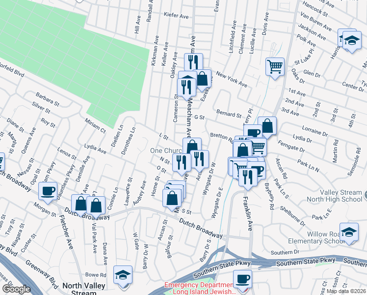map of restaurants, bars, coffee shops, grocery stores, and more near L Street & Porter Street in Elmont