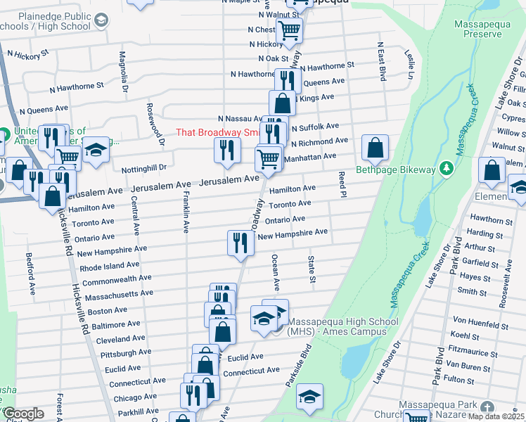 map of restaurants, bars, coffee shops, grocery stores, and more near 684 Broadway in Massapequa