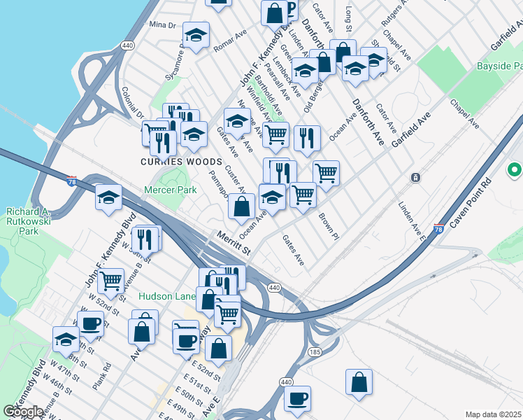 map of restaurants, bars, coffee shops, grocery stores, and more near 59 Ocean Avenue in Jersey City
