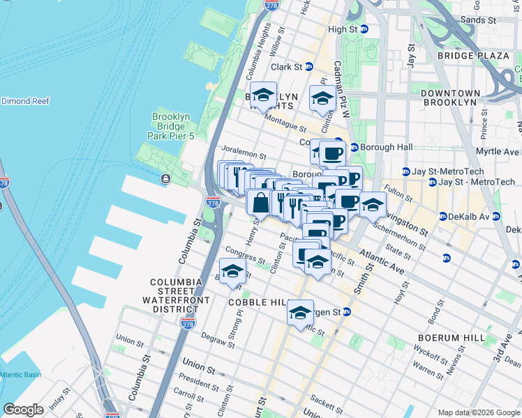 map of restaurants, bars, coffee shops, grocery stores, and more near 315 Henry Street in Brooklyn