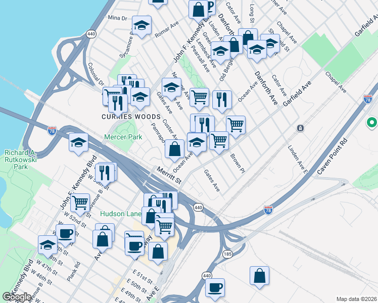 map of restaurants, bars, coffee shops, grocery stores, and more near 59 Ocean Avenue in Jersey City