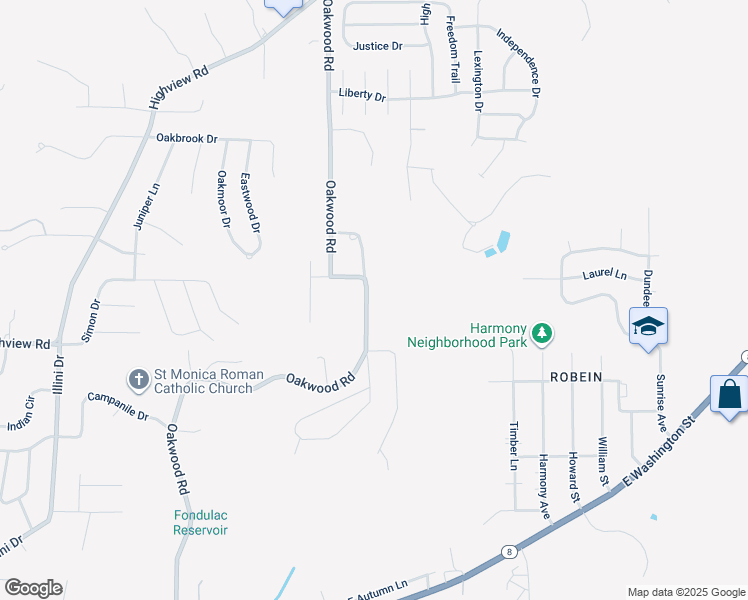 map of restaurants, bars, coffee shops, grocery stores, and more near 824 Oakwood Road in East Peoria