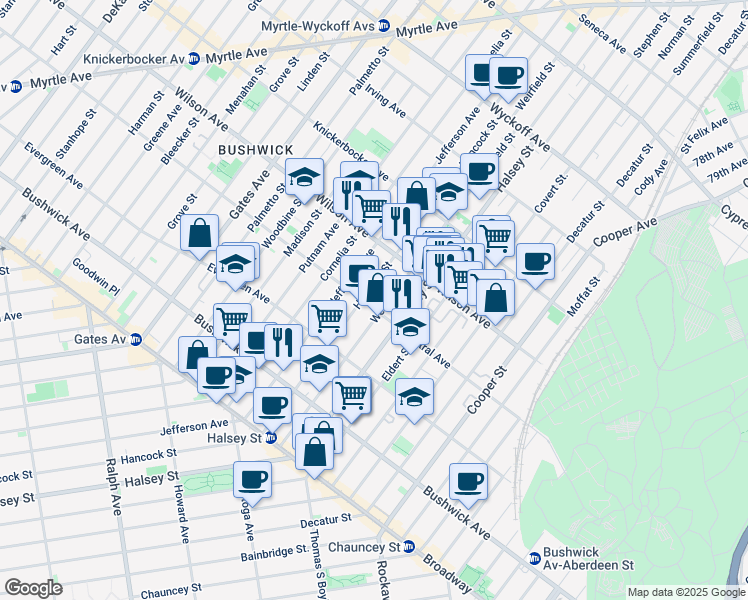 map of restaurants, bars, coffee shops, grocery stores, and more near 505 Central Avenue in Brooklyn