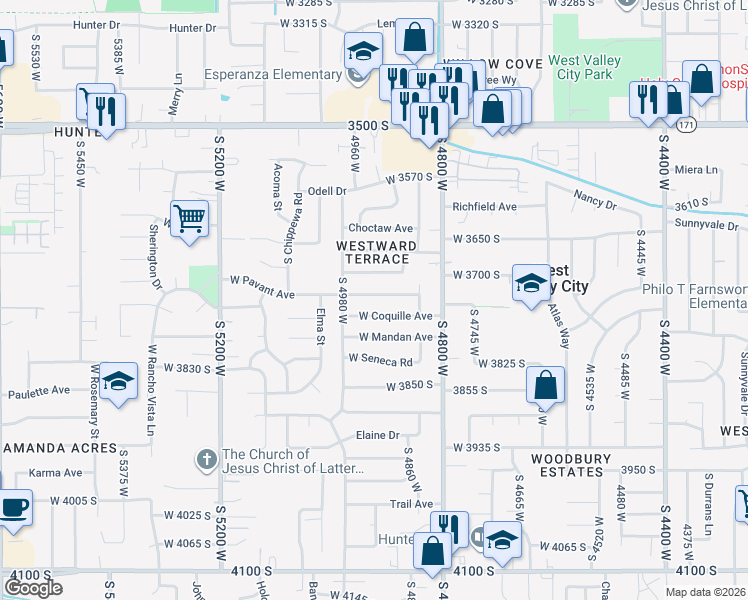 map of restaurants, bars, coffee shops, grocery stores, and more near 4894 West Coquille Avenue in Salt Lake City