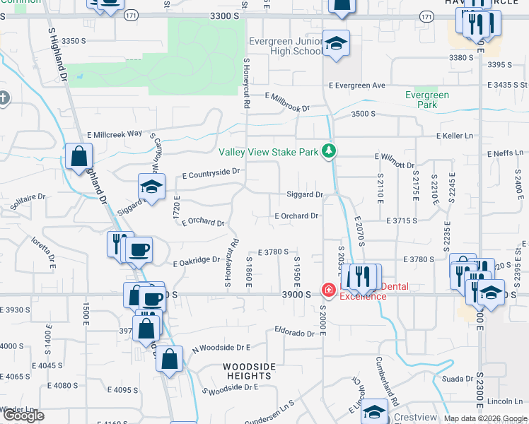 map of restaurants, bars, coffee shops, grocery stores, and more near 1891 East Orchard Circle in Salt Lake City