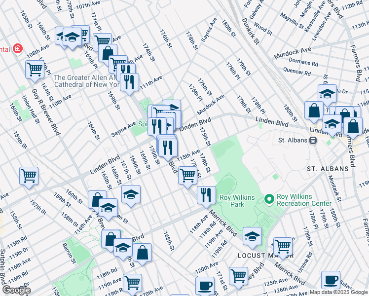 map of restaurants, bars, coffee shops, grocery stores, and more near 114-50 172nd Street in Queens