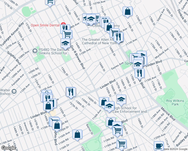 map of restaurants, bars, coffee shops, grocery stores, and more near 163-29 Phroane Avenue in Queens