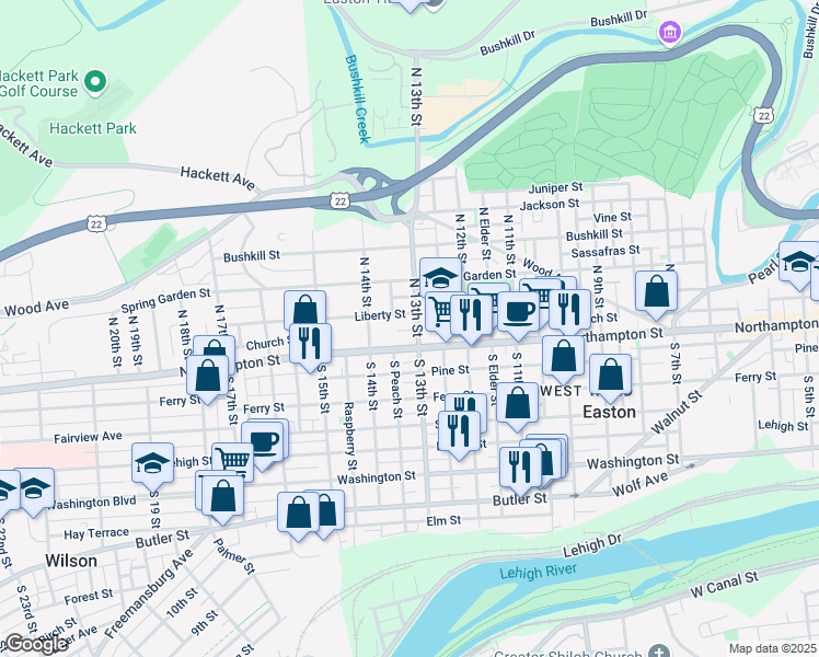 map of restaurants, bars, coffee shops, grocery stores, and more near 1259 Northampton Street in Easton