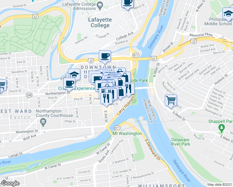 map of restaurants, bars, coffee shops, grocery stores, and more near 211 Pine Street in Easton