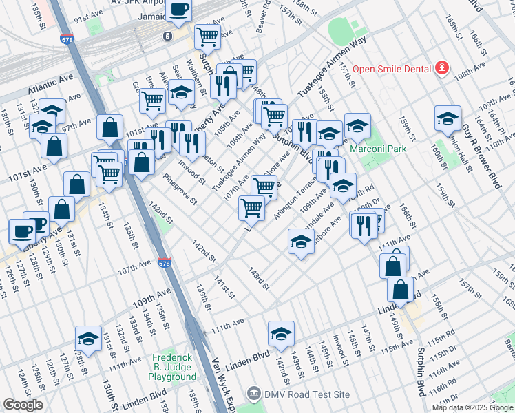 map of restaurants, bars, coffee shops, grocery stores, and more near 145-15 Lakewood Avenue in Queens