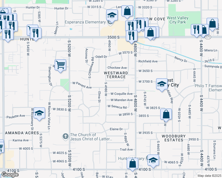 map of restaurants, bars, coffee shops, grocery stores, and more near 4949 West Pavant Avenue in West Valley City