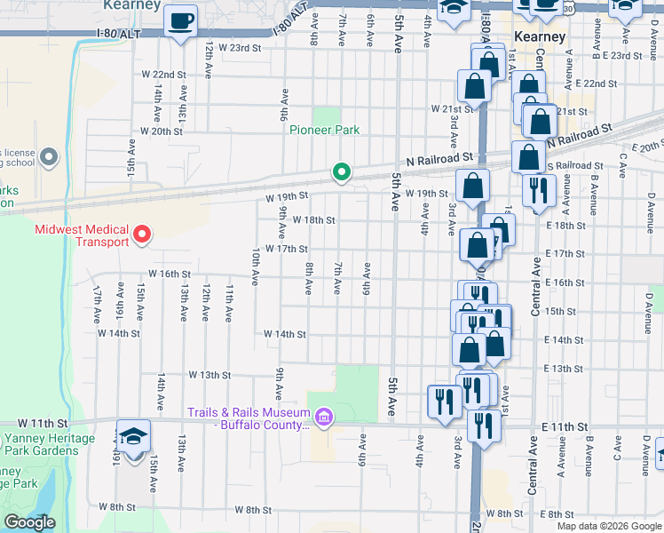 map of restaurants, bars, coffee shops, grocery stores, and more near 1600-1698 7th Avenue in Kearney