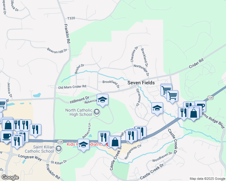 map of restaurants, bars, coffee shops, grocery stores, and more near 6767 Old Mars Crider Road in Seven Fields