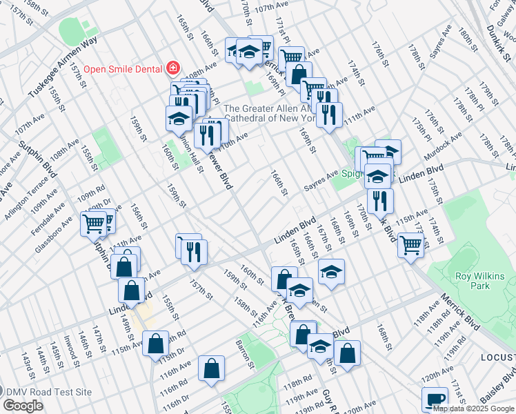 map of restaurants, bars, coffee shops, grocery stores, and more near 11213 Guy R Brewer Boulevard in Queens