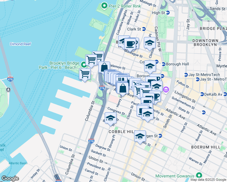 map of restaurants, bars, coffee shops, grocery stores, and more near 70 Atlantic Avenue in Brooklyn