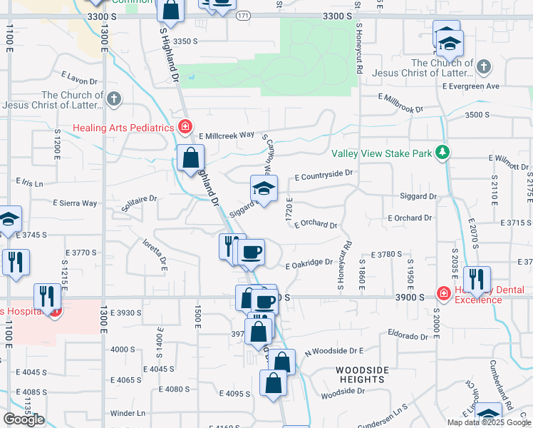 map of restaurants, bars, coffee shops, grocery stores, and more near 3741 South Forest Hills Drive in Salt Lake City