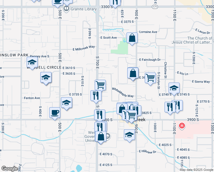 map of restaurants, bars, coffee shops, grocery stores, and more near 733 East 3720 South in Millcreek