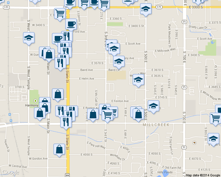 map of restaurants, bars, coffee shops, grocery stores, and more near 324 Buchanan Street South in South Salt Lake