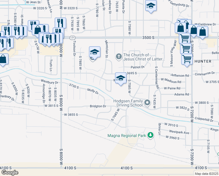 map of restaurants, bars, coffee shops, grocery stores, and more near 3762 Washington Loop in Magna