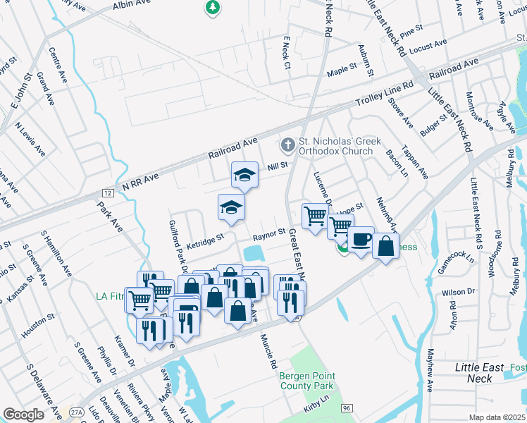 map of restaurants, bars, coffee shops, grocery stores, and more near 10 Malcolm Street in West Babylon