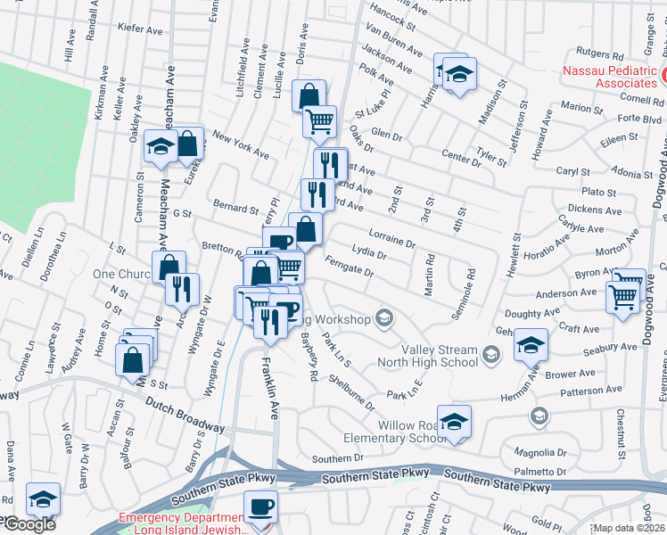map of restaurants, bars, coffee shops, grocery stores, and more near 1112 Park Lane North in Franklin Square