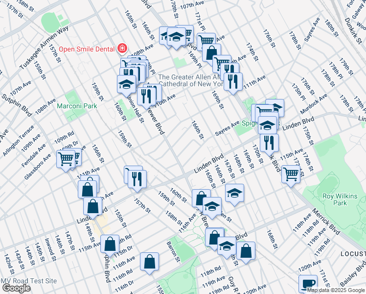 map of restaurants, bars, coffee shops, grocery stores, and more near 11213 Guy R Brewer Boulevard in Queens